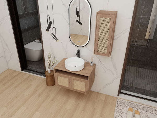 English Elm 30" Wall Mounted Bathroom Vanity Oak Finish Ceramic Art Sink Soft Close Storage W999S00495