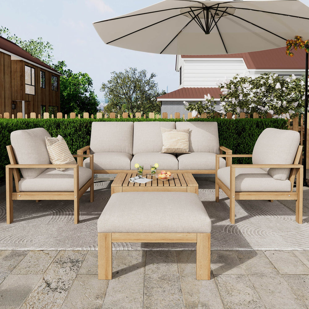English Elm Christopher Knight Home® - Outdoor 5-piece Acacia Wood and Metal Patio Sofa Set with Water-Resistant Cushions, Industrial Style and Durable Iron Frame — Plush Comfort for Garden, Balcony, Patio Gatherings Light Gray,Teak N757S538061B-1