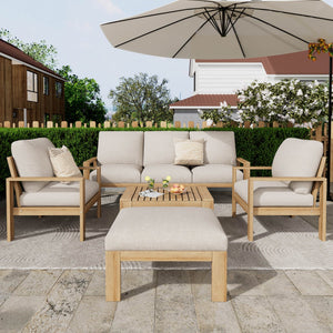English Elm Christopher Knight Home® - Outdoor 5-piece Acacia Wood and Metal Patio Sofa Set with Water-Resistant Cushions, Industrial Style and Durable Iron Frame — Plush Comfort for Garden, Balcony, Patio Gatherings Light Gray,Teak N757S538061B-1