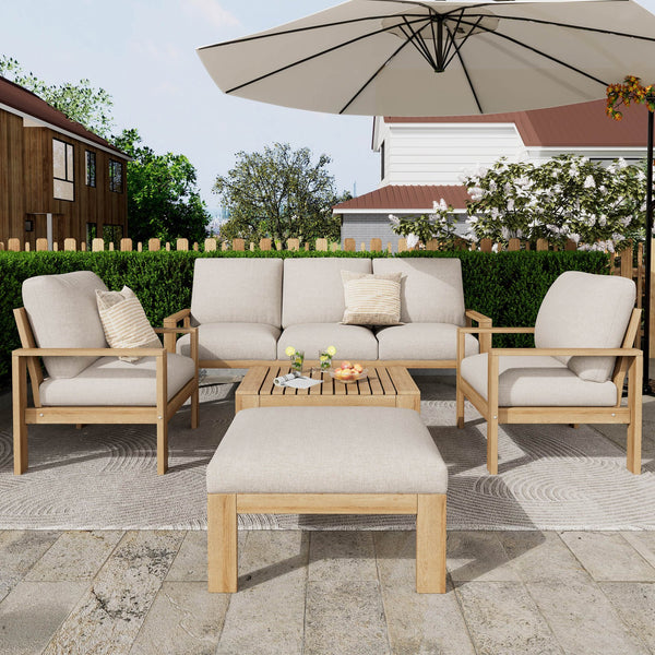 English Elm Christopher Knight Home® - Outdoor 5-piece Acacia Wood and Metal Patio Sofa Set with Water-Resistant Cushions, Industrial Style and Durable Iron Frame — Plush Comfort for Garden, Balcony, Patio Gatherings Light Gray,Teak N757S538061B-1
