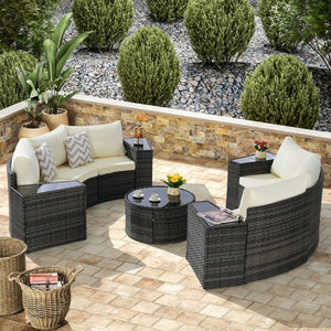 English Elm Outdoor Half Moon Sectional Sofa Set with Woven Rattan Frame and Tempered Glass Table Beige W874S00048