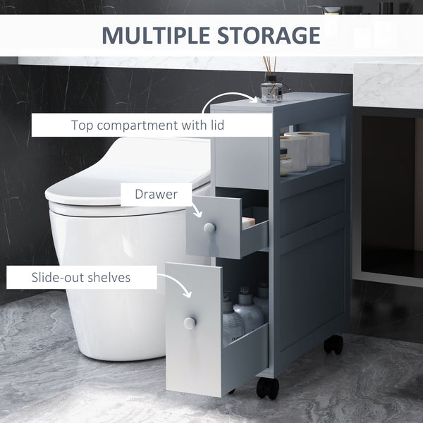 English Elm HOMCOM Slim Bathroom Storage Cabinet Narrow Freestanding Organizer with Drawers & Hidden Compartments Grey W2225P200614