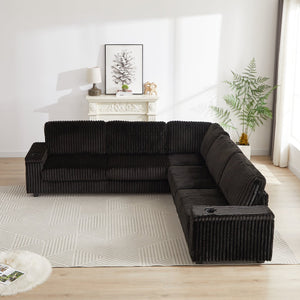 English Elm 110-Inch Oversized Corduroy Corner Sofa with Storage, USB & Cup Holders, Deep Plush Seating Comfort Black W834S00286