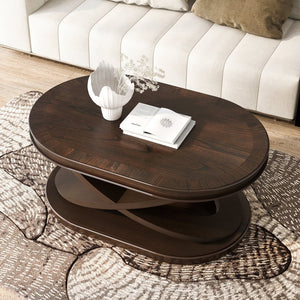 English Elm 44 Inch Oval Coffee Table with X-Base, 2.6" Thick Solid Wood Veneer Top, Rounded Corners, 132lb Capacity Espresso W1202P289358