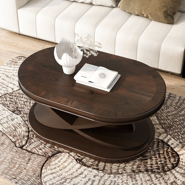 English Elm 44 Inch Oval Coffee Table with X-Base, 2.6" Thick Solid Wood Veneer Top, Rounded Corners, 132lb Capacity Espresso W1202P289358