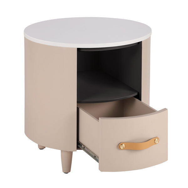 English Elm Christopher Knight Home® - Contemporary Round Nightstand with Drawer & Open Shelf, Curved Bedside Table with Leather Handles khaki 22 L x 22 W x 19.75 H N761P285708M