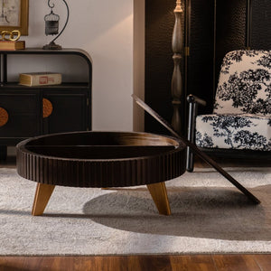 English Elm 39.37" Round Retro Coffee Table with Storage Mdf Top Solid Wood Legs Living Room W757P379484