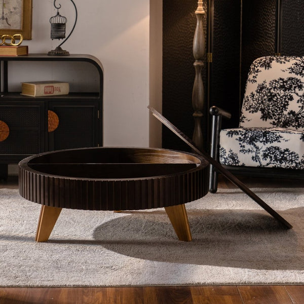 English Elm 39.37" Round Retro Coffee Table with Storage Mdf Top Solid Wood Legs Living Room W757P379484