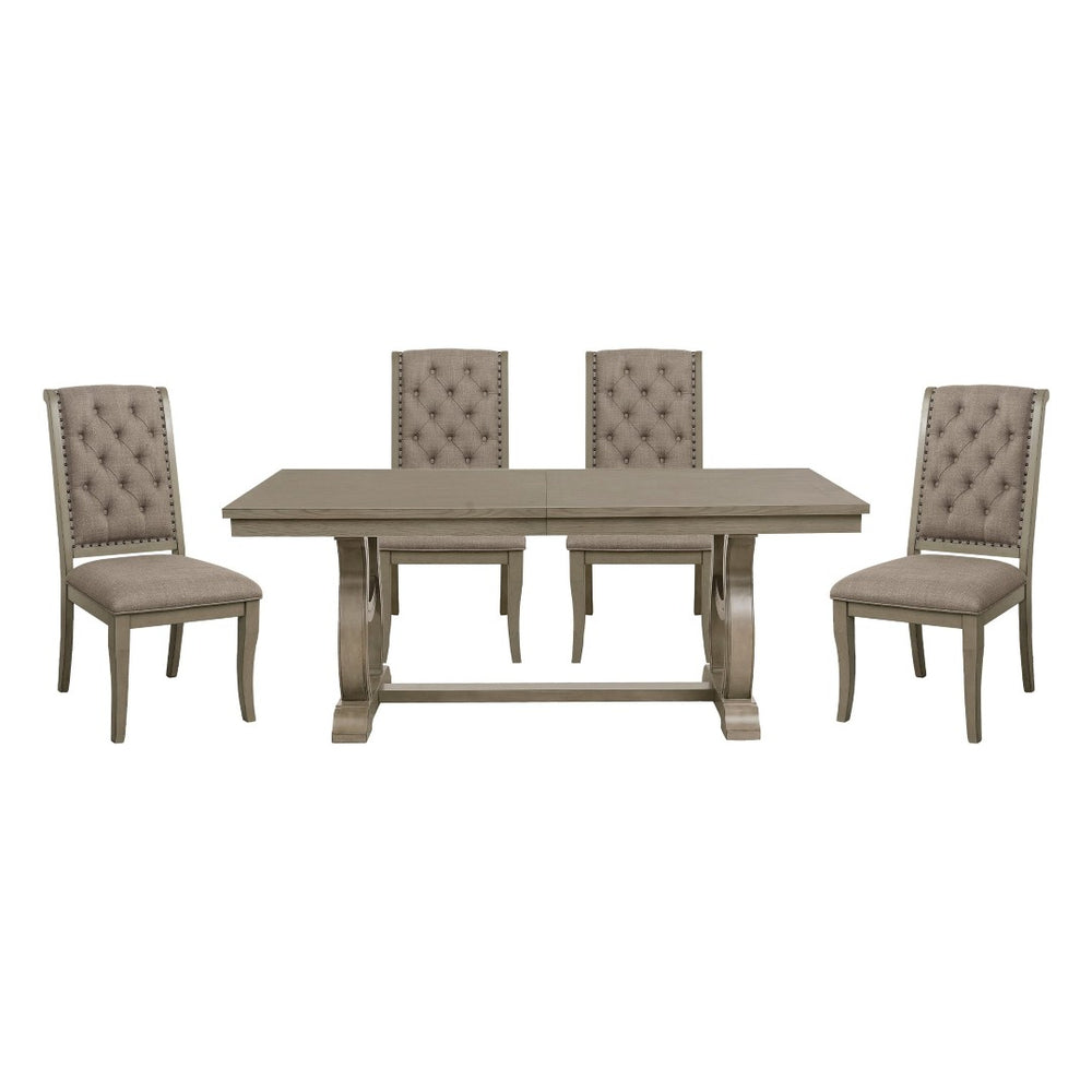 English Elm Classic Oak Veneer Trestle Dining Set with Tufted Nailhead Chairs for Formal Rooms B011S02337
