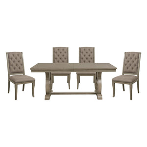 English Elm Classic Oak Veneer Trestle Dining Set with Tufted Nailhead Chairs for Formal Rooms B011S02337