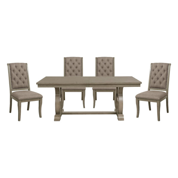 English Elm Classic Oak Veneer Trestle Dining Set with Tufted Nailhead Chairs for Formal Rooms B011S02337