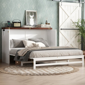 English Elm Murphy Cabinet Queen Bed Solid Pine Frame with Built-in Charging Station for Guest Rooms White+Walnut W504S00193