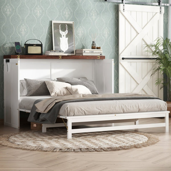 English Elm Murphy Cabinet Queen Bed Solid Pine Frame with Built-in Charging Station for Guest Rooms White+Walnut W504S00193