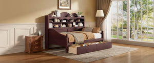 English Elm Twin Daybed Retro Wood Frame with Under Bed Drawers and Headboard Shelving Espresso N733S415358P