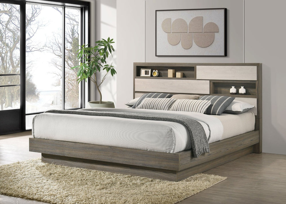 English Elm Edmondson California King Platform Bed with Storage Bookcase Headboard in Grey Oak B062S01777