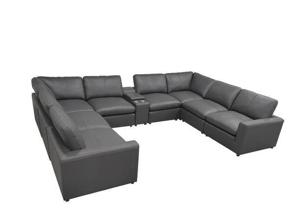 English Elm Leather Match Modular Sectional with Integrated Console and Generous Living Room Seating Blue Gray B2748S00174