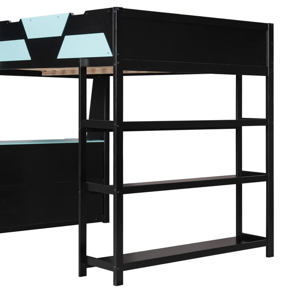 English Elm Full Size Gaming Loft Bed with Led Lighting Desk Shelves and Usb Charging Ports Black+Blue N820S00076C