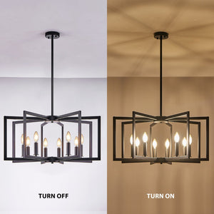 English Elm 27" Eight Light Matte Black Iron Geometric Chandelier for Dining and Living Spaces W1340P279980