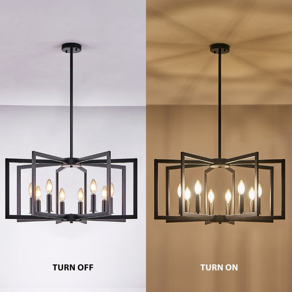 English Elm 27" Eight Light Matte Black Iron Geometric Chandelier for Dining and Living Spaces W1340P279980