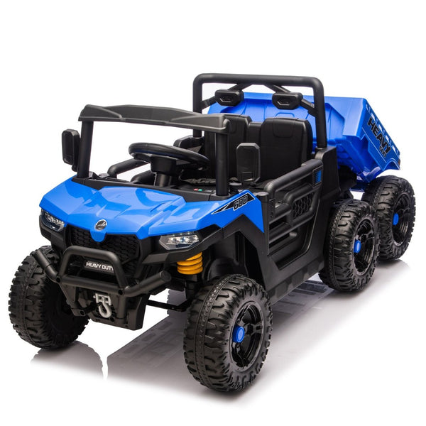English Elm 24v Electric Kids Dump Truck 4wd Six Wheel Ride on with Remote Suspension Cargo Bucket Blue W1578P380843