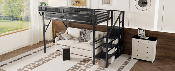 English Elm Twin Xl Loft Bed With Stairs & Storage Shelves, Metal High Bed For Teens & Small Spaces, Black W2580S00049-GIGA
