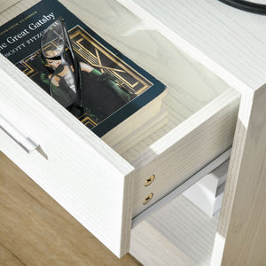 English Elm Side Table with Pull Drawer Open Shelf White Wood Grain Finish for Small Spaces T3971P405160