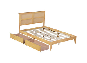 English Elm Full Full Size Bed with Rattan Headboard and Two Underbed Storage Drawers, Rubberwood Slat Support White Oak W504P269606