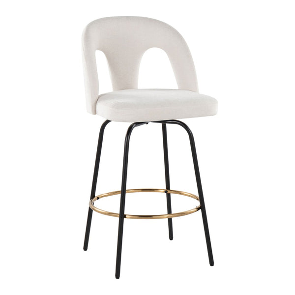 English Elm Fixed-height Swivel Counterstools with White Upholstery Gold Footrest Set of 2 B202S01784