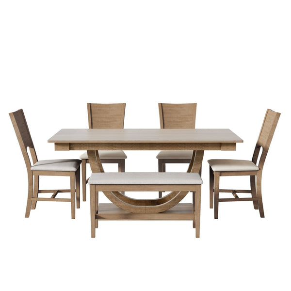 English Elm Topmax Six Piece Rubberwood Dining Set with Bench Linen Seats Sculptural Modern Style Brown N717S000029D