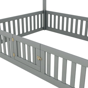 English Elm Full Size Pine House Bed with Pitched Roof Fence and Door for Kids Playroom WF531502AAE