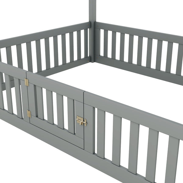 English Elm Full Size Pine House Bed with Pitched Roof Fence and Door for Kids Playroom WF531502AAE
