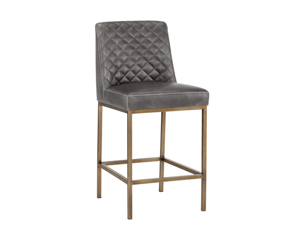 Sunpan Leighland Classic Barstool with Antique Brass Frame and Diamond-Stitched Faux Leather Upholstery Overcast Grey