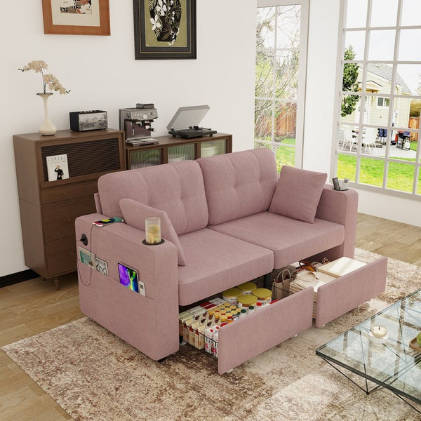 English Elm Sofas for Living Room Chenille Three Seat Couch with Usb Charging Storage and Cup Holder Pink W395S00147