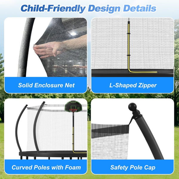 English Elm 14ft Round Outdoor Trampoline Galvanized Steel Frame Safety Net Basketball Hoop N739S000014B