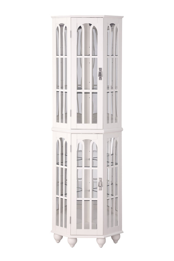 English Elm Corner Curio Cabinet with 6 Shelves, Tempered Glass Display, Built-In Lighting, Mirrored Back White W1693P216951