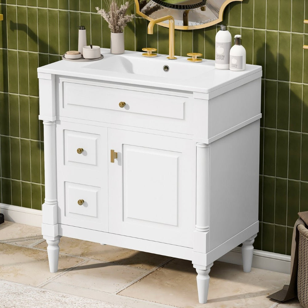 English Elm 30" Freestanding Bathroom Vanity Rubberwood Frame Ceramic Sink Flip Drawer Storage White N725P356062K