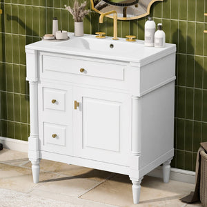 English Elm 30" Freestanding Bathroom Vanity Rubberwood Frame Ceramic Sink Flip Drawer Storage White N725P356062K