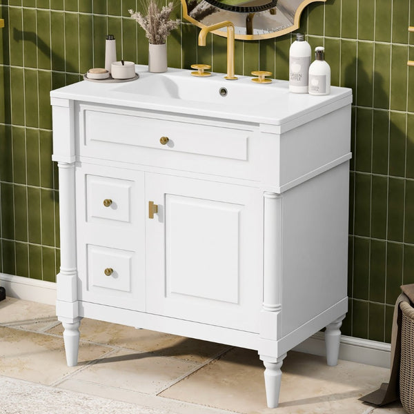 English Elm 30" Freestanding Bathroom Vanity Rubberwood Frame Ceramic Sink Flip Drawer Storage White N725P356062K