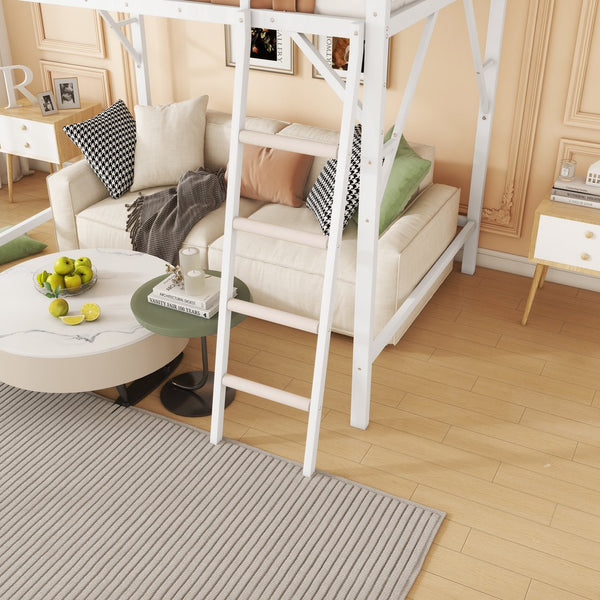 English Elm Queen Size Metal Loft Bed with Ladder and Built-In Storage Shelves, Sturdy High Bed for Teens 99" White W2580P379980