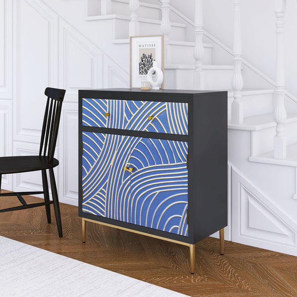 English Elm Accent Modern Storage Cabinet with 2 Doors, 1 Drawer, Adjustable Shelf, MDF Black/Blue Finish — Versatile Decor Organizer W716P197967