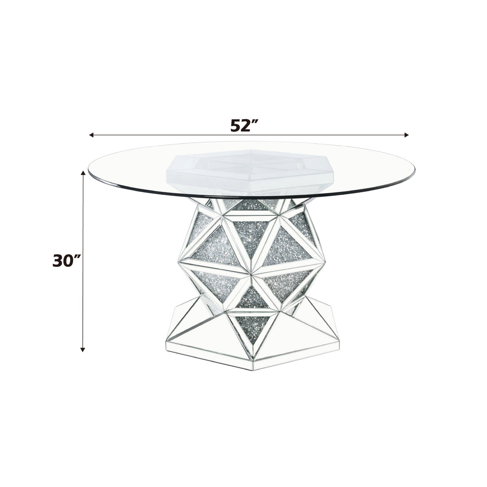 English Elm Noralie Mirrored & Faux Diamond Round Dining Table with 12mm Tempered Glass Top, Silver Elegance B2726S00289