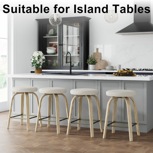 English Elm Swivel Backless Counter Stools Set of 2 with Fabric Seat Bentwood Legs Mid-century Modern Beige W3107P446979