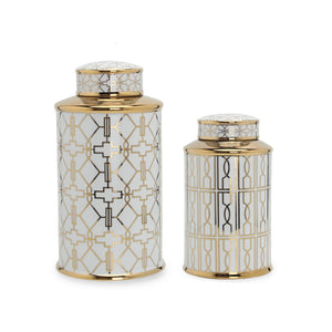 English Elm Elegant White Ceramic Ginger Jar With Gold Geometric Design - Modern Storage & Decor Accent B030P308537