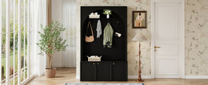 English Elm On-trend Farmhouse Hall Tree Arched Cabinet Storage Bench with Golden Hooks Mudroom Black N721S000080B