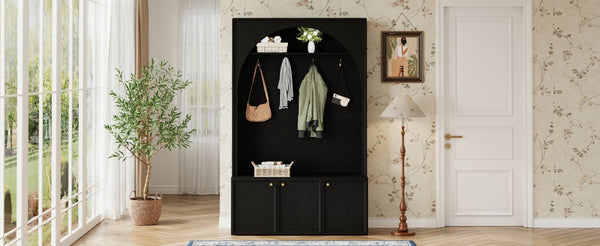 English Elm On-trend Farmhouse Hall Tree Arched Cabinet Storage Bench with Golden Hooks Mudroom Black N721S000080B