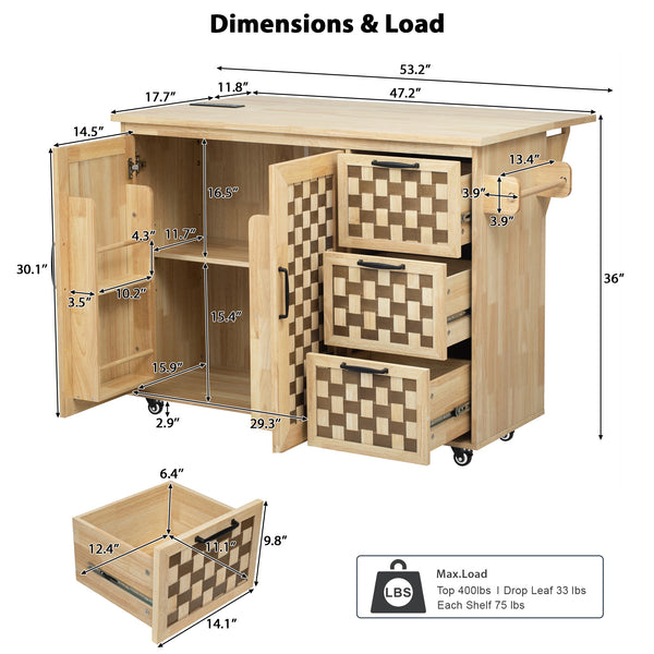 English Elm K&K Vintage Woven Checkerboard Kitchen Island 53.2" with Drop Leaf, Power Outlet, 5 Wheels, Storage N707P215328Y