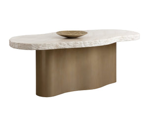 Sunpan IDRIS Dining Table - Modern Concrete Outdoor Centerpiece with Faux Travertine Top & Brass Base 112216