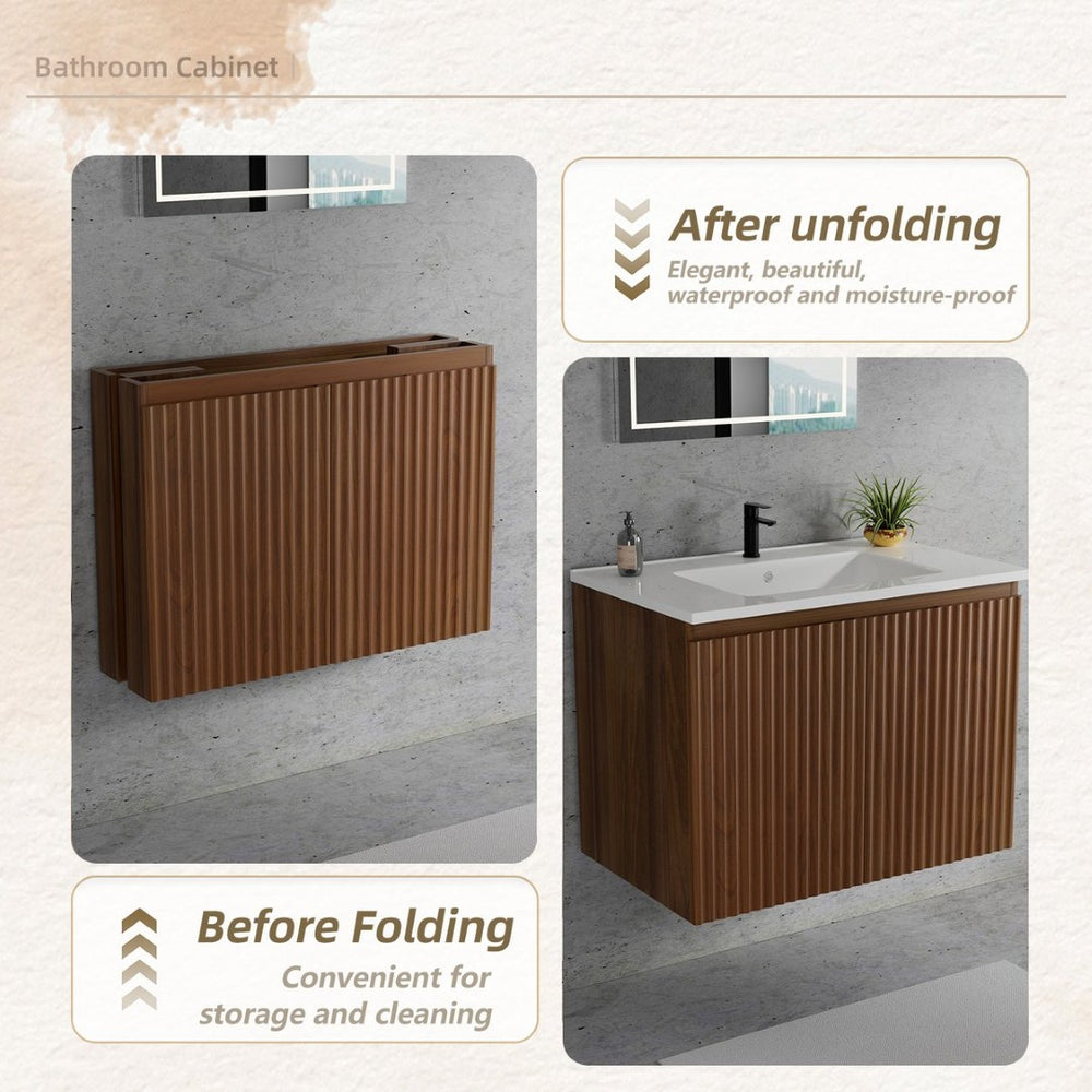 English Elm 30 Inch Floating Bathroom Vanity Fluted Wood Grain Front with Ceramic Integrated Sink Walnut W3520S00028