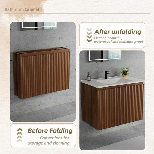 English Elm 30 Inch Floating Bathroom Vanity Fluted Wood Grain Front with Ceramic Integrated Sink Walnut W3520S00028