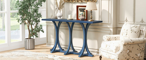 English Elm U-style Farmhouse Console Table Oak Veneer Top Curved Rubberwood Legs Entryway Navy Blue N711P295300V